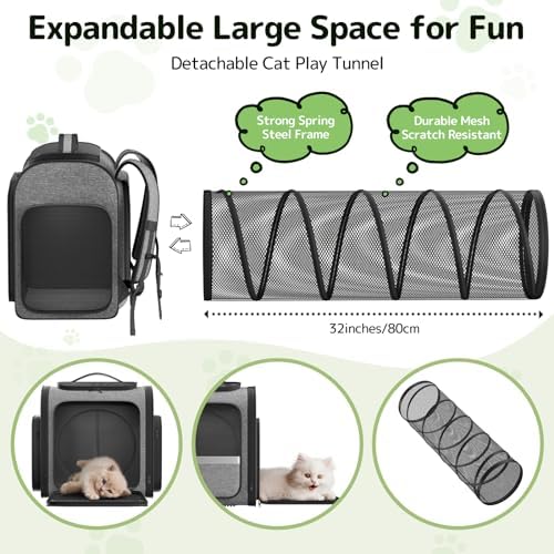 Pawtners Cat Backpack with Play Tunnel, Design for Carrying Playing Grey