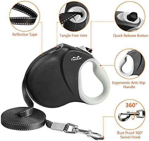 TwoEar 26ft Retractable Dog Leash with Anti-Slip Handle, Reflective 360° Tangle-Free Dog Walking Leash for Medium/Large Dogs Up to 110lbs, Heavy Duty Nylon Tape, One-Handed Brake