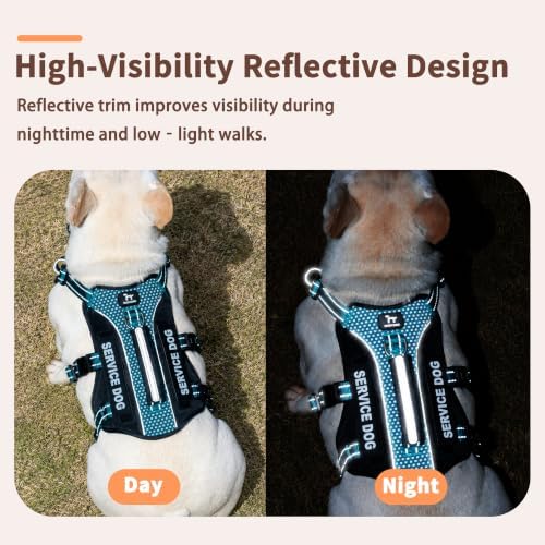 Huntboo Service Dog Vest Harness, Escape Proof Harness with 6 Patches, No-Pull, Reflective Harness with Handle, Adjustable for Small to Large Dogs, for Training and Hiking (Teal, L)
