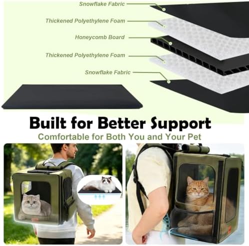 Vivifying Dog Backpack Carrier, 16.5"×15"×10.6" Breathable Pet Backpack for Travel with Sunshade, Locking Zippers & Thickened Bottom for Small Dogs and Cats up to 18 lb (Military Green)