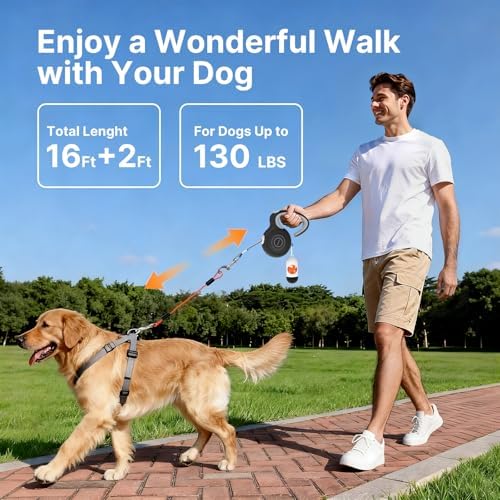 16Ft Retractable Dog Leash with Chew-Proof Steel Cable, 360° Tangle-Free, Built-in Poop Bag Dispenser, Ergonomic Comfort Grip Handle for Medium Large Dogs Up to 130lbs