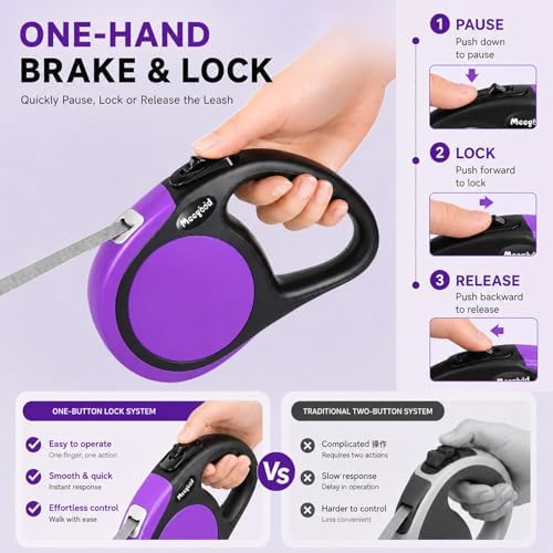 Heavy Duty Retractable Dog Leash-16ft Strong & Durable Walking Leash for S to L Dogs up to 45/115 lbs, Upgraded Lock System, Non Slip Grip, Tangle Free (Purple, Medium-Large Sized)