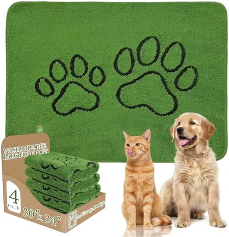 Homimp Washable Pee Pads for Dogs, 4 Pack Super Absorbent Reusable Puppy Pads, Green Long Wool Fake Grass for Potty Training, Upgrade Non-Slip and Leak-Proof,Floor, Couch, Bed, and Crate,Green 30"×34"