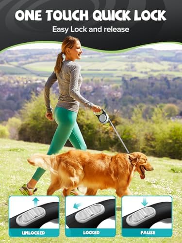 Retractable Dog Leash with LED Flashlight, Douexio Upgrade 3 in 1 Dog Leash Retractable for Small Medium Dogs Up to 66 lbs, 16ft, Anti-Slip Handle,One-Handed Brake (White)
