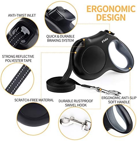 Fida Retractable Dog Leash with Dispenser and Poop Bags, 16 ft, Black