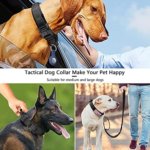DAGANXI Tactical Dog Collar Leash Set, Adjustable Military Training Nylon Dog Collar with Controll Handle and Heavy Metal Buckle for Medium and Large Dogs，with Patches and Airtags Case (M, Black-Set)
