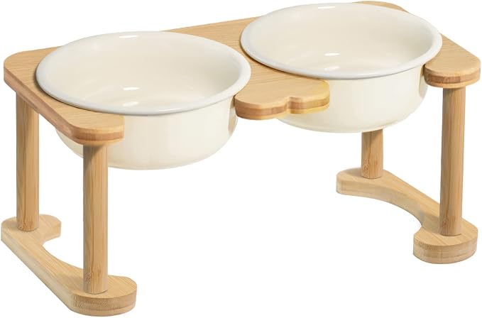 Elevated Ceramic Dog Bowl with Stand, Raised Food and Water Feed Set, Beige | Pet Dishes For Small and Medium Breeds, 6.9" Wide Double Modern Porcelain Bowls, 6.3" High Wooden Stand, Non-Slip, 28Oz/800ML