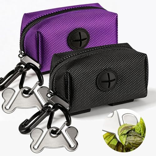 Dog Waste Bag Dispenser Pet Poop Bags Holder for Doggie Waste Bags Dispensers Soft Fabric Zipper Small Doggy Puppy Pouch for Leash Accessory Attachment with Carrier,2PCS Purple&Black