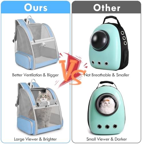 Cat Backpack Carrier, Large Pet Backpack with Kitten Wand Feather Toy for Medium Small Dog Cat Puppy Kitty Bunny up to 15lbs, Ventilated Mesh Dog Travel Carrier for Hiking Walking Outdoor Use (Blue)