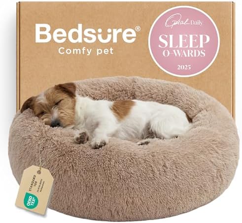 Bedsure Calming Small Medium Dog Bed Donut Washable Puppy Bed,27ins Camel