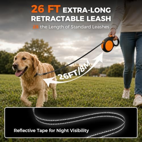 Sevy Stretch 26FT Retractable Dog Leash for Large Dogs up to 100lbs, Heavy Duty Long Dog Retractable Leash with 360° Tangle-Free, Reflective Nylon Tape, One-Hand Brake, Pause, Lock, Oversized Handle