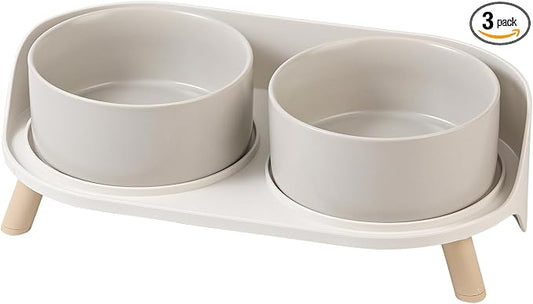 Elevated Ceramic Dog Bowl Set - Double Dog Feeding Bowls with Stand Splash Proof - Raised Dishes for Food and Water - Ideal for Small to Medium Dogs - 2 x 720 ml - 11.3 oz - Grey