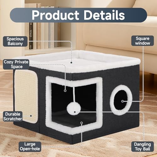 Shikha Cat House Bed for Indoor Cats with Fluffy Ball and Scratch Pad Black
