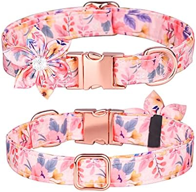 Dog Collar, Girl Dog Collar Puppy Collar Floral Pattern Dog Collar Cute Dog Collar with Detachable Rhinestone Flower for Female Dogs Small Medium Large (L, Pink)