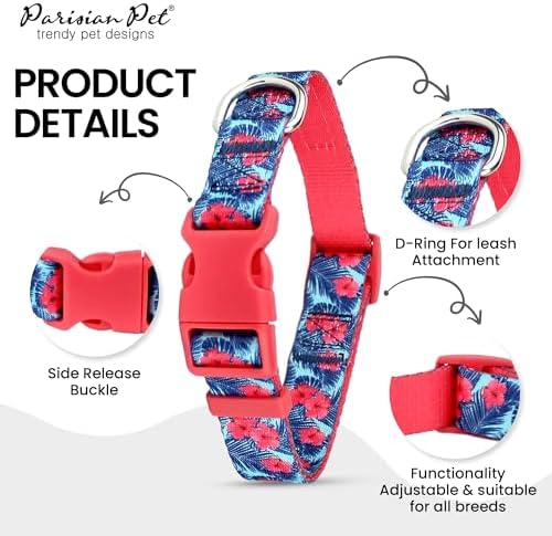 Parisian Pet Floral Dog Collar - Adjustable Hibiscus Pink Pet Collar with Secure Buckle and Metal D-Ring - Comfortable Designer Puppy Collars - Durable Tropical Nylon Dog Collars for Small Dogs