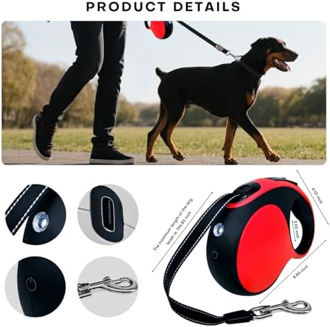 Retractable Dog Leash with LED Light Rechargeable,16Ft Heavy Duty Dog Leash for Medium Large Dogs up to 110lbs,360°No Tangle,One-Handed Brake,Pause,Lock(Red)