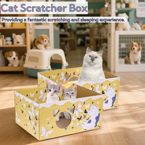 Tlence 2 Pack Cardboard Cat Scratcher Box, Butterfly Pattern Cat Hideaway House with Double-Sided Scratch Pads, 16.5 Inch Heavy Duty Large Cat Bed Lounger for Indoor Cats