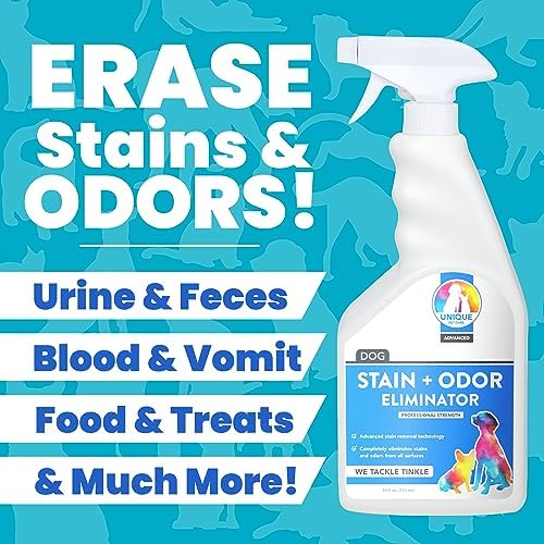 Unique Advanced Dog Odor & Stain Remover, Enzyme Cleaner Spray for Urine & Pet Accidents, Eliminates Odors at the Source, Carpet & Fabric Safe, 24 oz