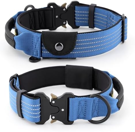 Plutus Pet Tactical Dog Collar with Pocket for AirTag, Blue, L