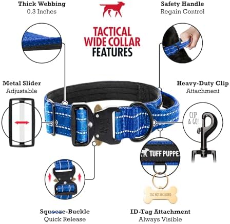 Tuff Pupper Tactical Dog Collar | Heavy Duty 1.5" Wide Ballistic Nylon | Training Control Handle | Quick-Release Metal Buckle | Reflective Bands | ID Tag Holder | Padded Inner Lining (Blue, Medium)