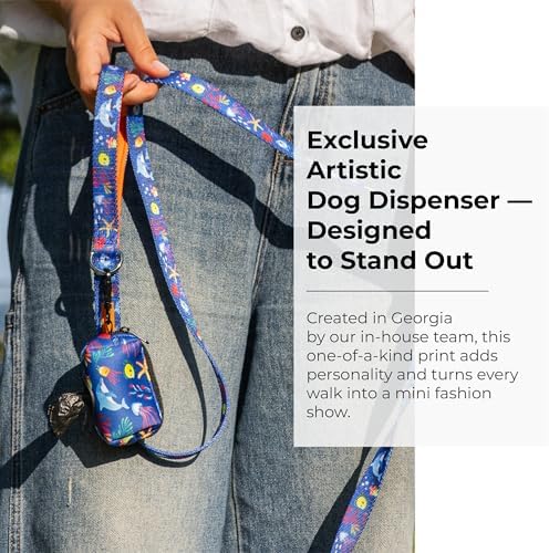 KIKI & RIKI Premium Dog Poop Bag Holder, Waste Bag Dispenser with Leash Clip, Artist-Designed Print (Designed in Georgia), Includes 1 Starter Roll of Bags, Fits Standard Rolls, Blue (Ocean Tale)