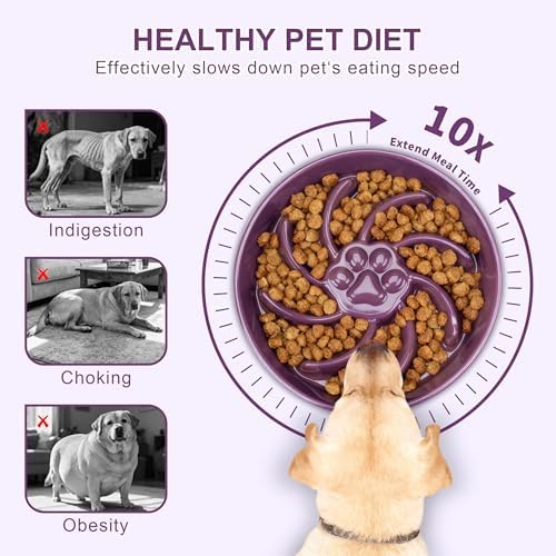 Ceramic Slow Feeder Dog Bowl, 3 Cup Dog Food or 25oz Water, Slow Eating Bowl for Middle Breed, Maze Puzzle Feeder for Fast Eaters, Anti-Choking Stop Bloat, Non-Slip BPA Free (Purple)
