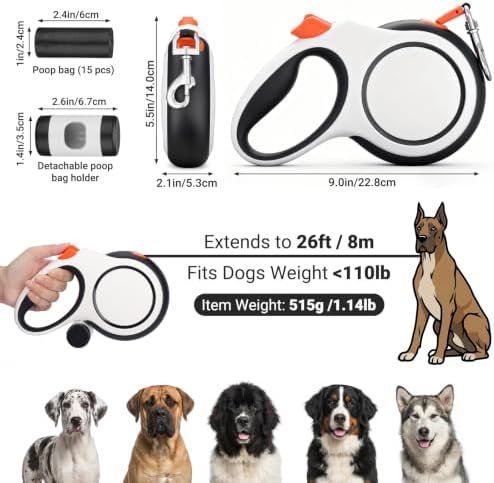 Segarty 26 Ft Walking Lead for Dogs 66 lbs - 110 lbs, 360°Tangle-Free 8m Retractable Long Leash with Detachable Poop Bag Holder for Pets Walk Outside, Anti-Slip Handle and One-Handed Brake Pause Lock