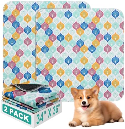 Washable Pee Pads for Dogs, Stylish Absorbent Reusable Training Dog Pads, Non-Slip and Leak-Proof Puppy Pads, Potty Pads for Crates, Whelping, Playpen, Bed and Floors (Colorful, 34" x 36" 2PACK)