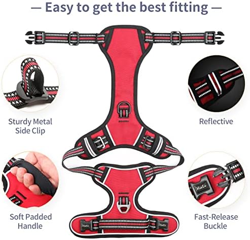 HEELE Dog Harness, No Pull Adjustable Padded Reflective Harness for Small Medium Large Dogs with Handle for Walking Training,Red, L