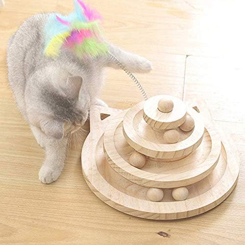 Wooden Cat Toy, 3-Layer Cat Turntable with Cat Toy Feather Stick (10IN)