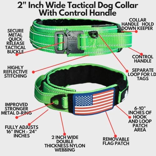 2-Inch Wide Tactical Dog Collar with Control Handle, Adjustable for Medium & Large Dogs, Military Style with Heavy-Duty Metal Buckle, USA Flag Patch & Customizable Name Plate, Training & Everyday Use