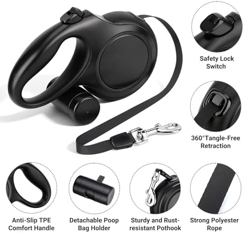 Segarty 16 Ft Retractable Dog Leash with Detachable Poop Bag Holder, 5m Walking Leash for Pets up to 66 Lbs, 360°Tangle-Free Black Dog Lead with Anti-Slip Handle & One-Handed Brake Pause Lock for Dogs