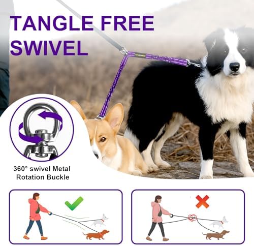 MingXpet 2 Dog Leash, Dog Leash for 2 Dogs, 360° Swivel No Tangle Double Walking Training Leashes for Large Dogs that Pull, Comfortable Shock Absorbing Reflective Bungee, Purple
