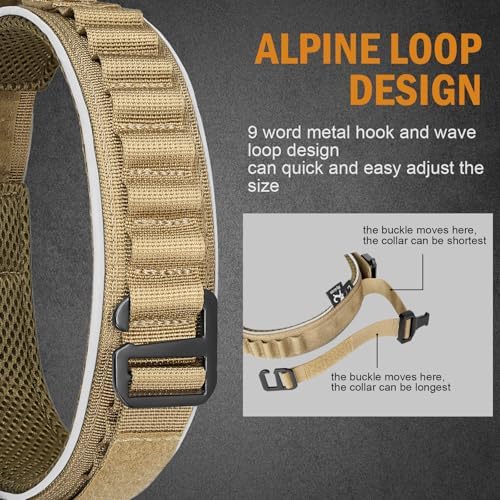 HYDEME Tactical Dog Collar, Alpine Loop Adjustable Military Training Nylon Dog Collars with Handle and Reflective for Small Medium Large Dogs, with Airtags Protective Case & Patches.(L,Brown)