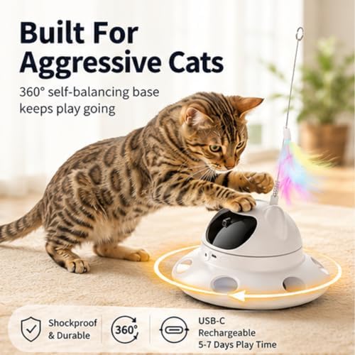 3-in-1 Auto Laser Cat Toy, USB Recharge Motion Activated Kitten Feather Chase Toy - Off-White