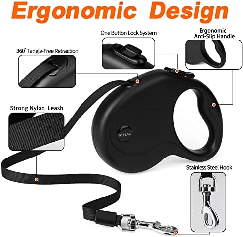 Retractable Dog Leash, 16 FT Dog Leash Retractable for Small/Medium/Large Dogs up to 50 lbs, Strong Nylon Tape, Tangle Free, One-Hand Brake (Black, 16 FT)