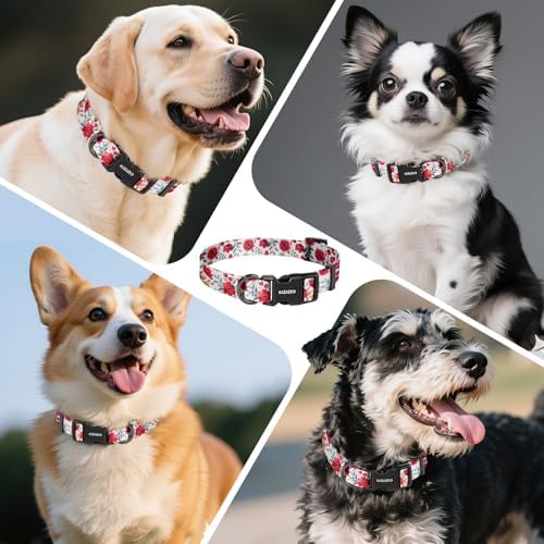 Kazazoo Dog Collar Cute and Soft Nylon Puppy Collar for Boy and Girl Dogs, Adjustable Dog Collars for Extra Small Dogs, Red Flowers-XS
