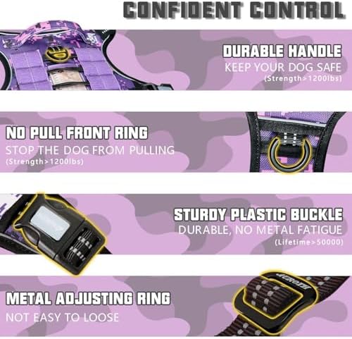 Auroth Tactical Dog Harness for Small Medium Large Dogs No Pull Adjustable Pet Harness Reflective K9 Working Training Easy Control Pet Vest Military Service Dog Harnesses (L, Purple Camo) | Easy Control with handle, Adjustable, Reflective, Military K9,...
