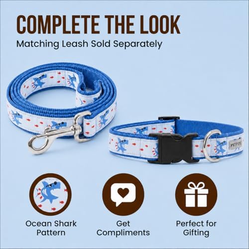 THE WORTHY DOG Summer Print, Adjustable Dog Collar,Medium Dogs, Sharkuterie