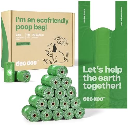 Deo Doo Dog Poop Bags with Handles, 240 Count Large Size, Extra Thick and Leak Proof Refill Rolls for Doggie Waste, Easy Tie and Cleanup, Unscented