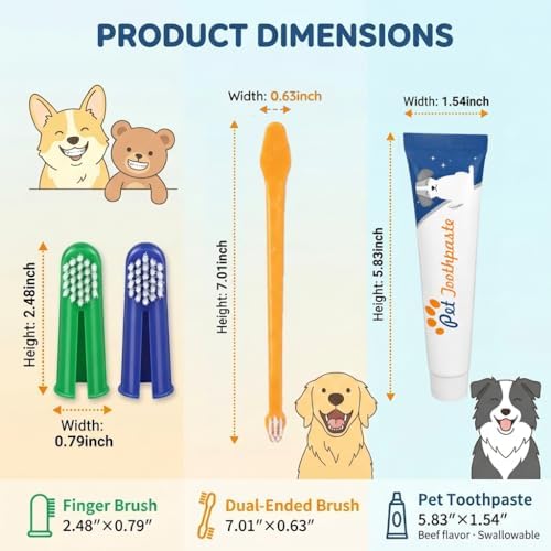 Dog Toothbrush Kit of 4,Pet Supplies with Beef-Flavored Pet Toothpaste,Facilitating Teeth Cleaning and Oral Care, Dual Head/Finger Toothbrush for Small to Large Cats,Dogs and Most Pets