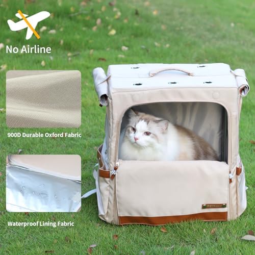 Cat Backpack Carrier for Large Cats, Shaded Waterproof Small Dog Backpack with Breathable Mesh, Soft Side Safety Pet Backpack for Hiking, Travel, Outdoor (Champagne)
