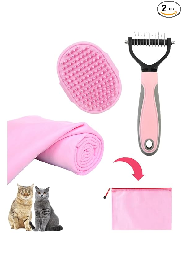 Cat Brush Towel 3pcs Grooming Kit - Bath Brush for Long-Haired Cats, Cat Brush for Indoor Cats with Flea Comb, Pink