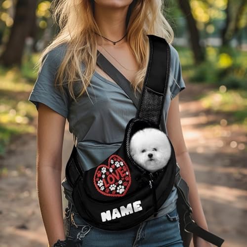 COEQINE Custome Black Red Heart Dog Paw with Name Dog Sling Bag
