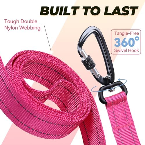 VIVAGLORY Double Handle Dog Leash Twingrip, 6ft x 1in, Pink-Carabiner