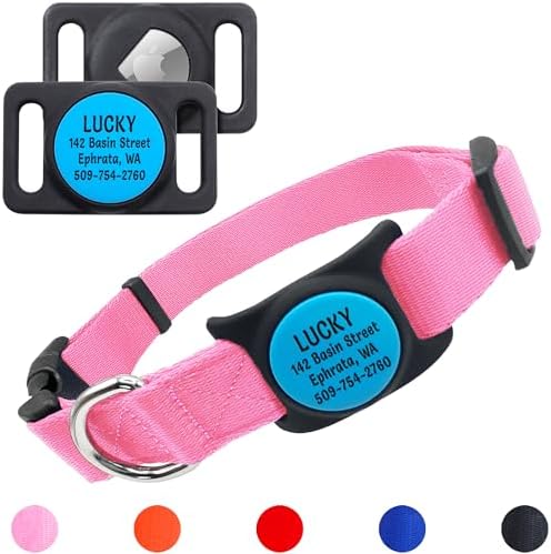 GoTags Personalized Dog Collar with Custom Engraved Holder for AirTag, Adjustable Dog Collar Pet ID Tag, Silent, No Noise Dog Tag for Large Medium or Small Dogs (Pink, Large)