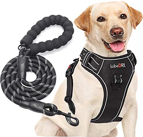 tobeDRI No Pull Dog Harness Adjustable Reflective Oxford Easy Control Medium Large Dog Harness with A Free Heavy Duty 5ft Dog Leash, Black, L