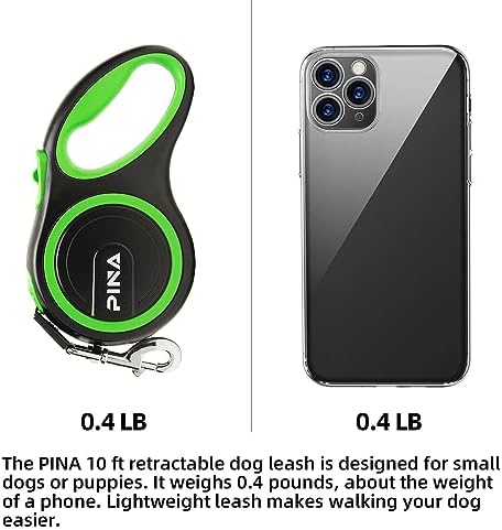 PINA Retractable Dog Leash, 10ft Dog Leash for Small Dogs Up to 33lbs, 360° Tangle-Free Strong Reflective Nylon Tape, with Anti-Slip Handle, One-Handed Brake, Lock - Black Green