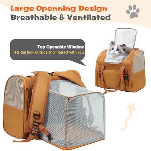 Cat Carrier Backpack, Airline Approved Expandable Pet Carrier, Breathable Mesh Backpack for Small Dogs & Medium Cats Hiking Camping Travel (Brown)
