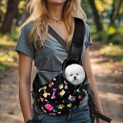 Cute Dog Paw Print Dog Sling Carrier for Small Dogs Portable Cat Sling Adjustable Strap Pet Crossbody Bag for Travel Walk Breathable Mesh Cat Harness